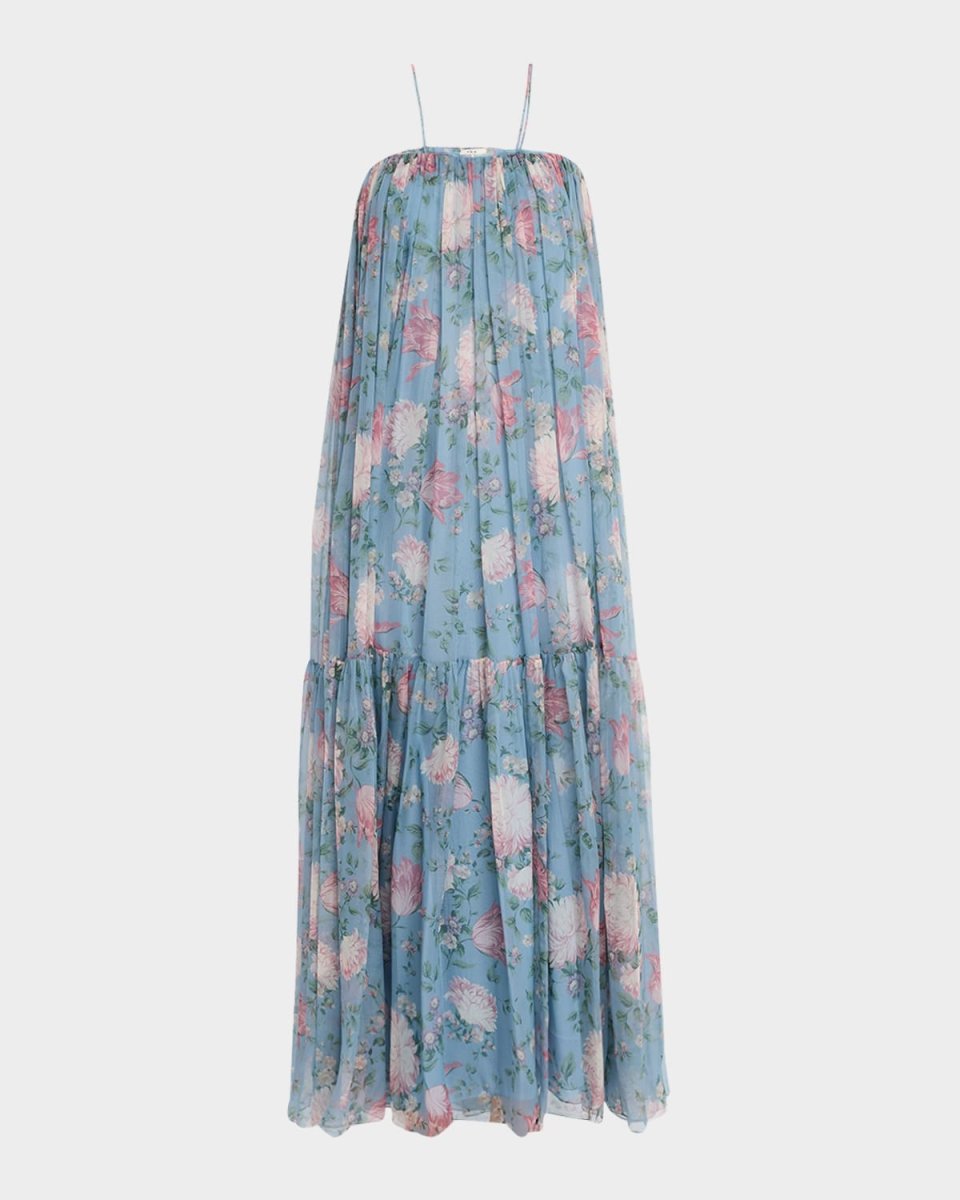 Long Floral Print Tiered Silk Dress